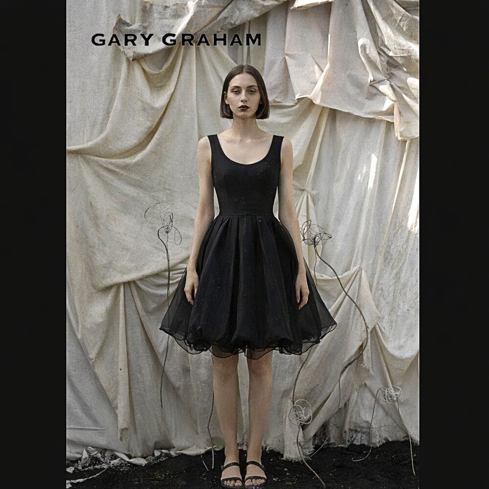 GARY GRAHAM Black Silk Organza Fit Flare Cocktail Layered Dress Pockets USA SZ 6